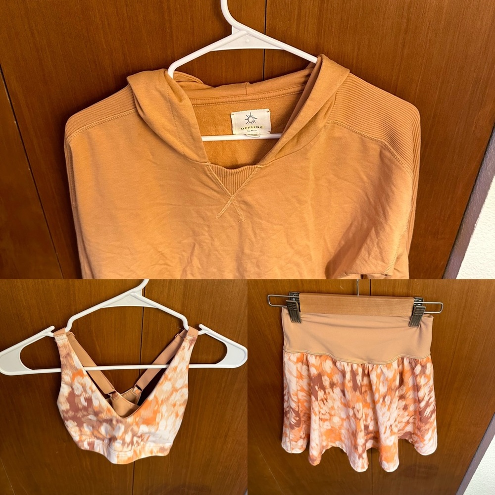 3-piece set Aerie xxs sports bra, xxs skirt w/shorts, xxs hoodie